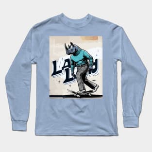 Retro Rhino Skateboarder - Vintage Style Illustration Long Sleeve T-Shirt